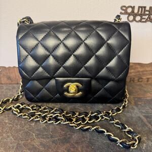 Chanel Black Lambskin Square Mini Flap GHW Authentic CoA
